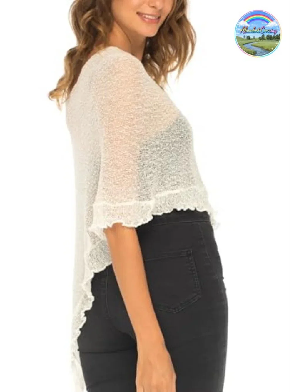 Sheer Knit Poncho Shrug Lightweight Asymmetrical Ruffle Wrap Convertible Shawl